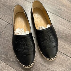 CHANEL Black Lambskin Leather Espadrilles 37 6.5 women’s shoes ladies classic CC